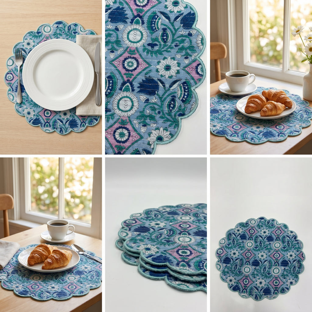 Blue & Teal Floral Quilted Placemats – 14” x 14”