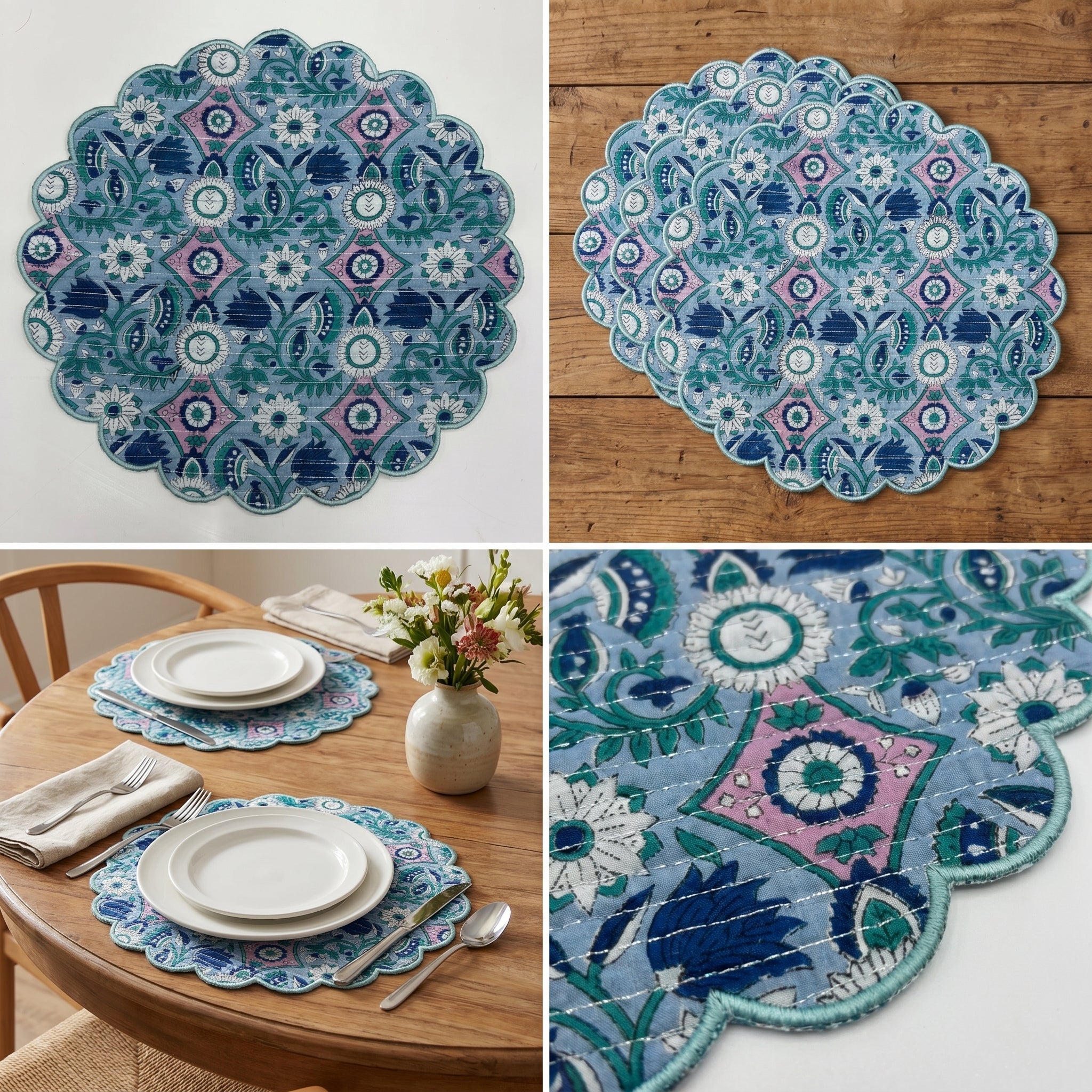 Blue & Teal Floral Quilted Placemats – 14” x 14”