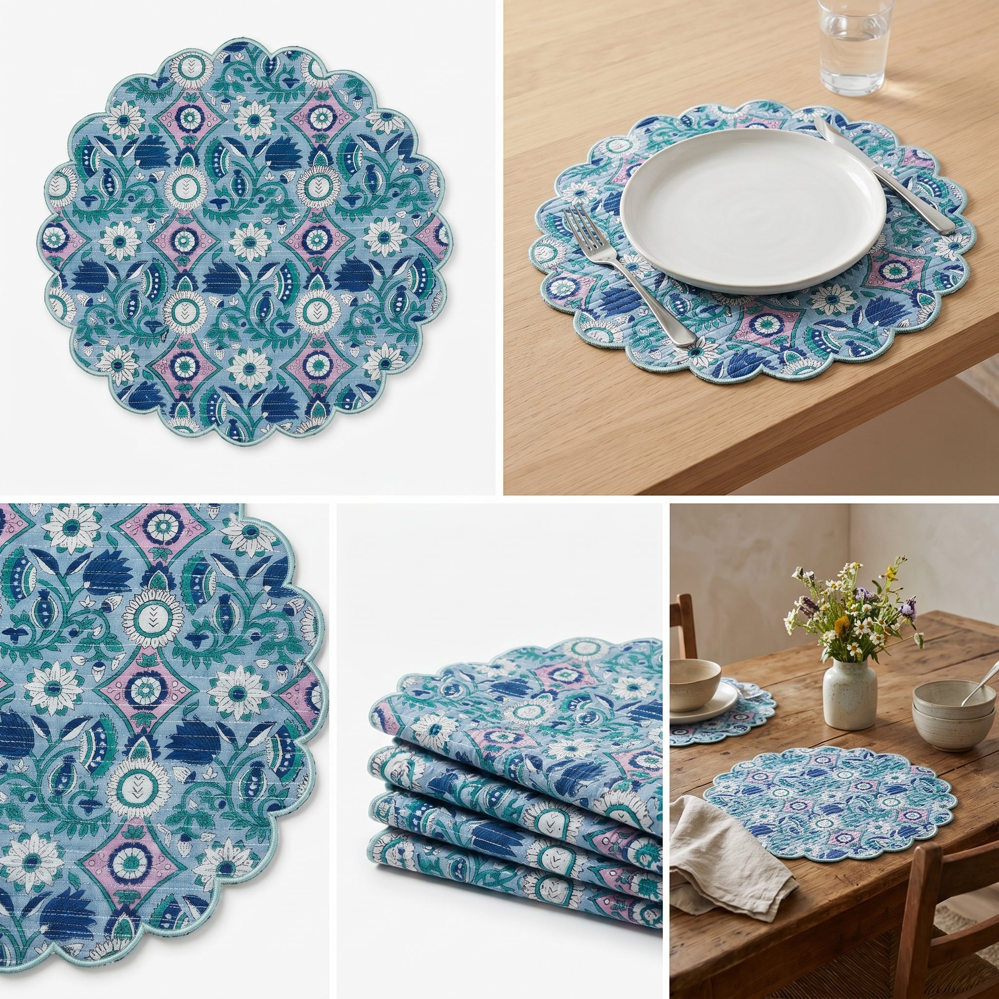 Blue & Teal Floral Quilted Placemats – 14” x 14”