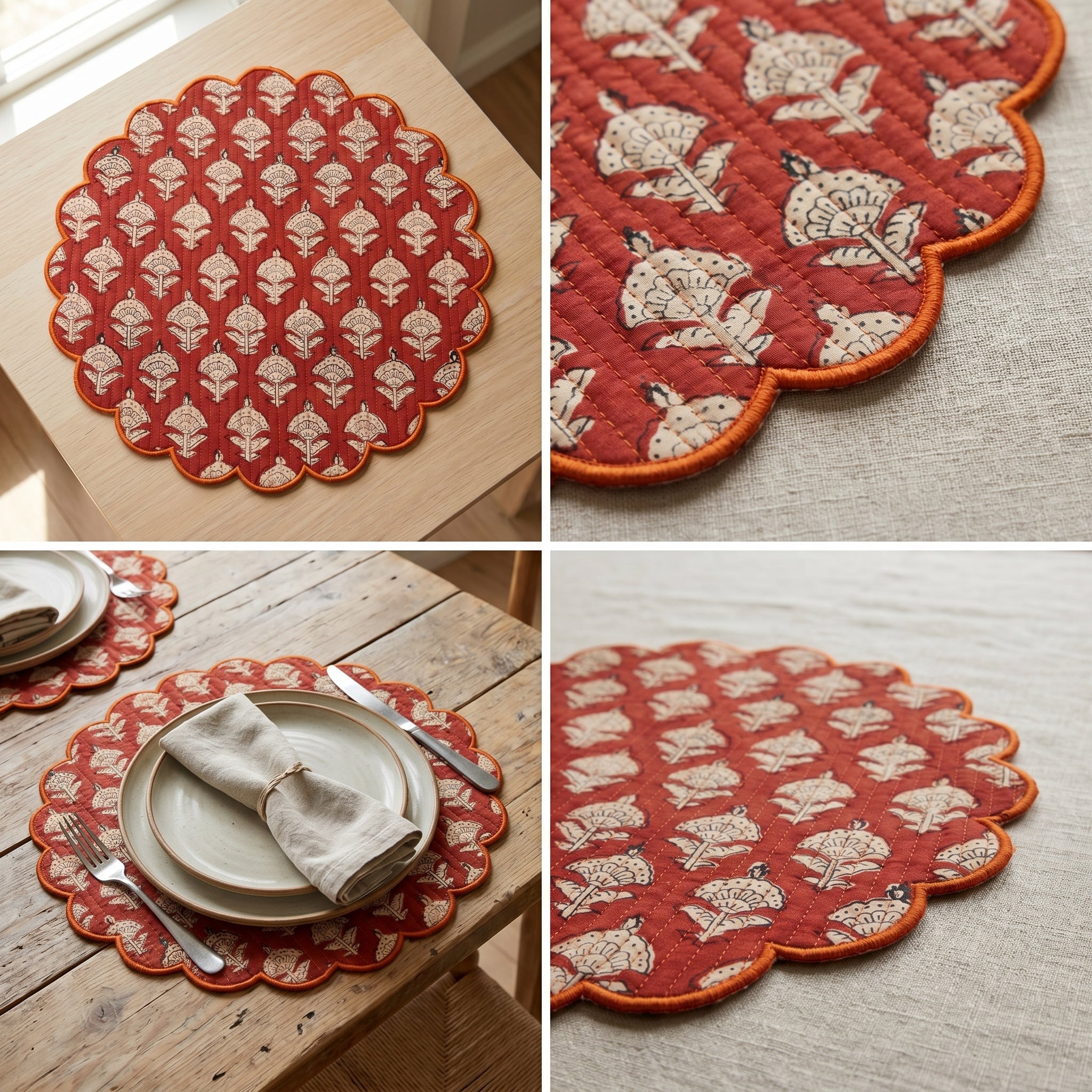 Rust Floral Quilted Placemats – 14” x 14”