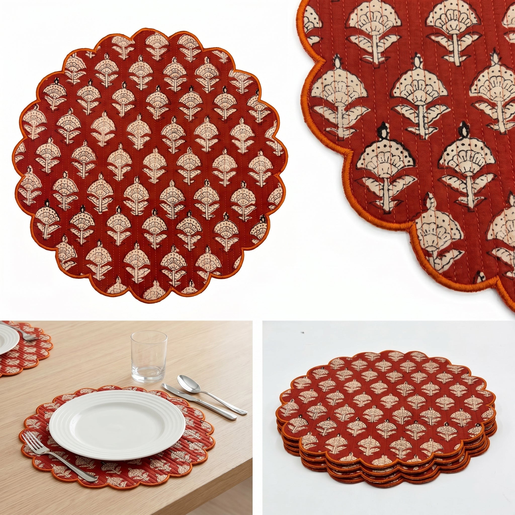 Rust Floral Quilted Placemats – 14” x 14”