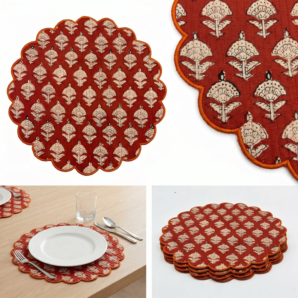 Rust Floral Quilted Placemats – 14” x 14”