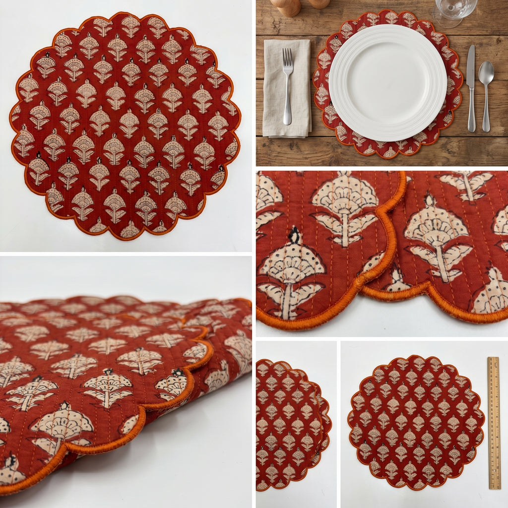 Rust Floral Quilted Placemats – 14” x 14”