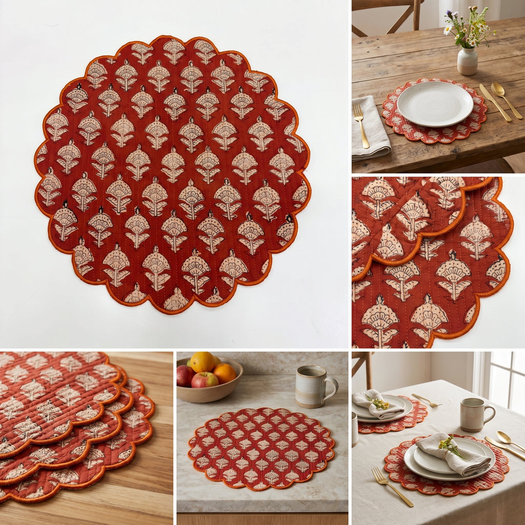 Rust Floral Quilted Placemats – 14” x 14”