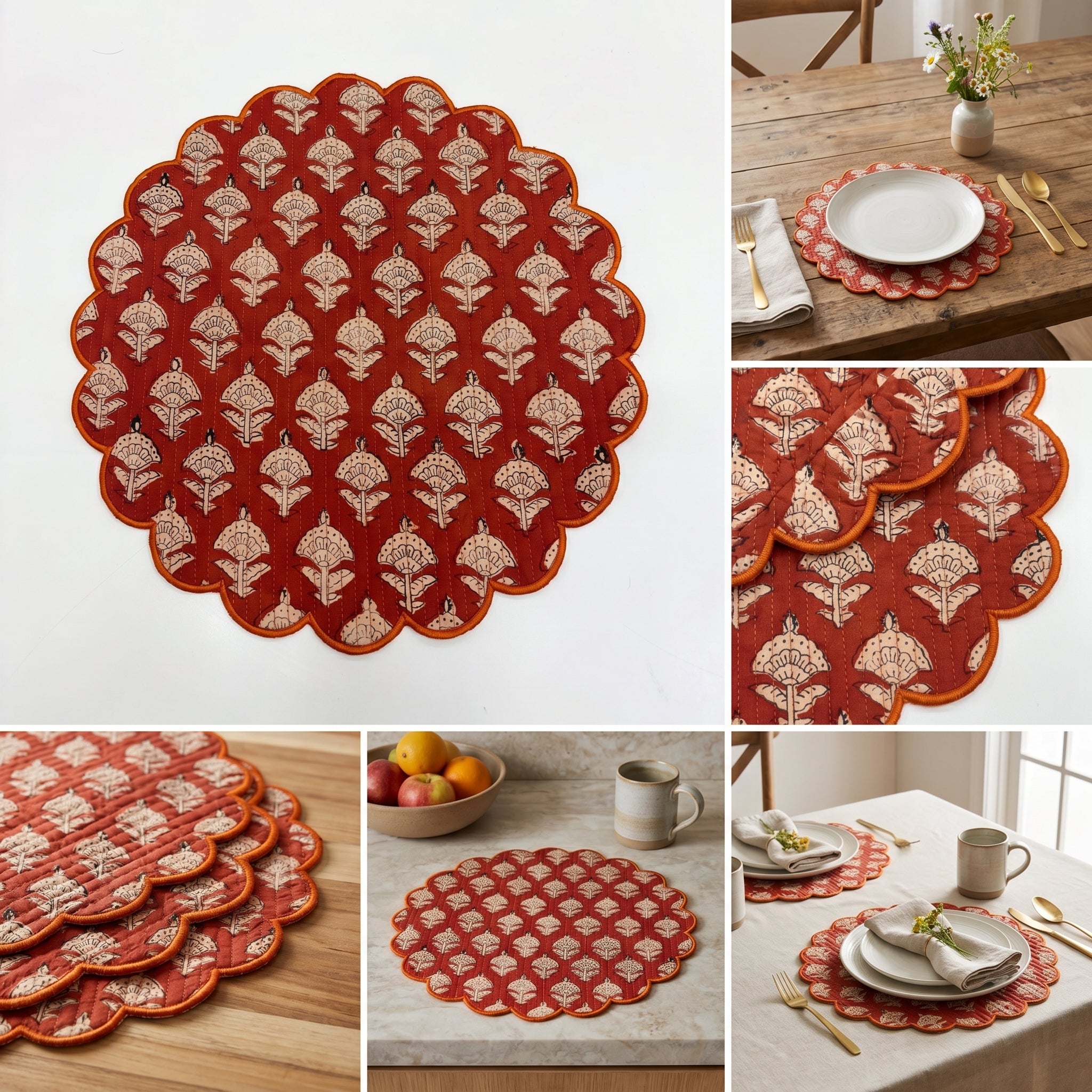 Rust Floral Quilted Placemats – 14” x 14”