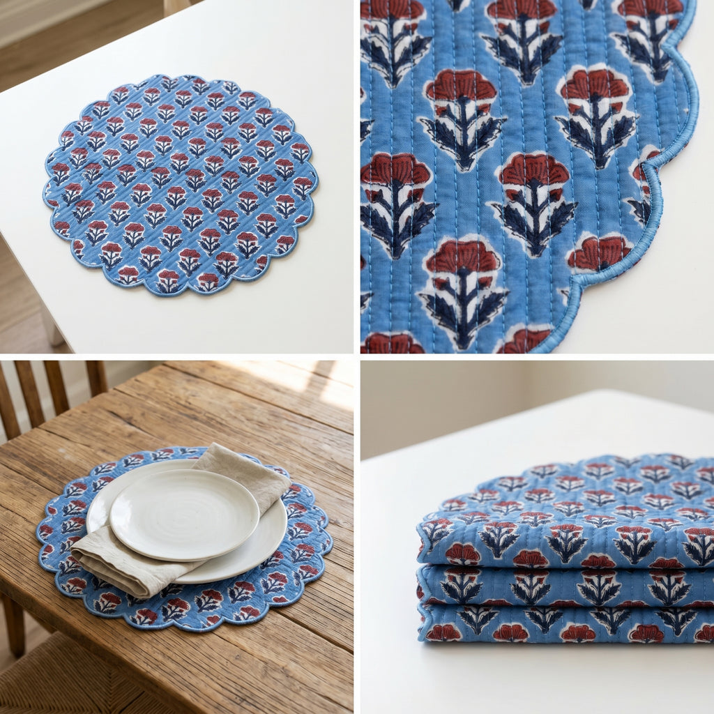 Sky Blue Floral Quilted Placemats – 14” x 14”