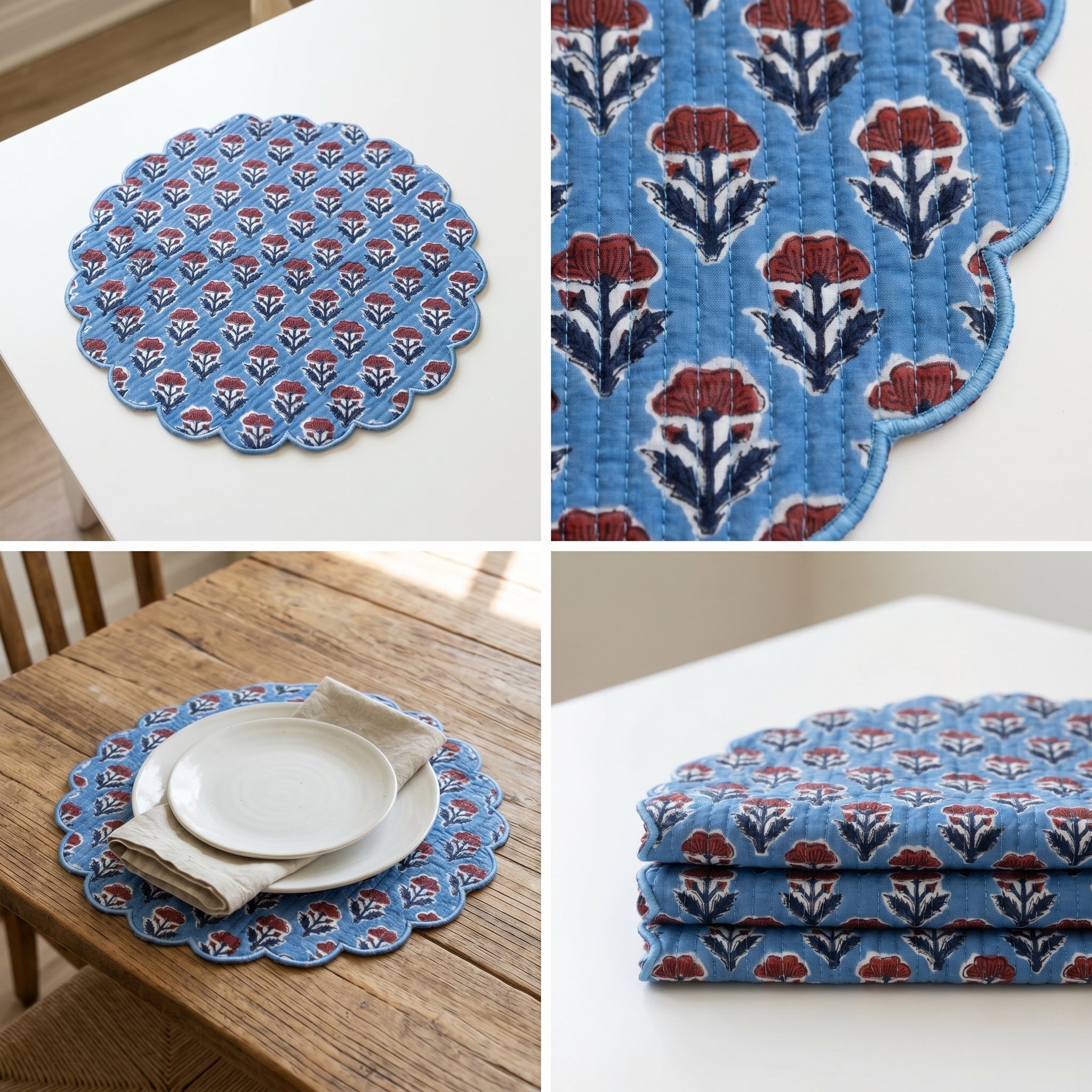 Sky Blue Floral Quilted Placemats – 14” x 14”