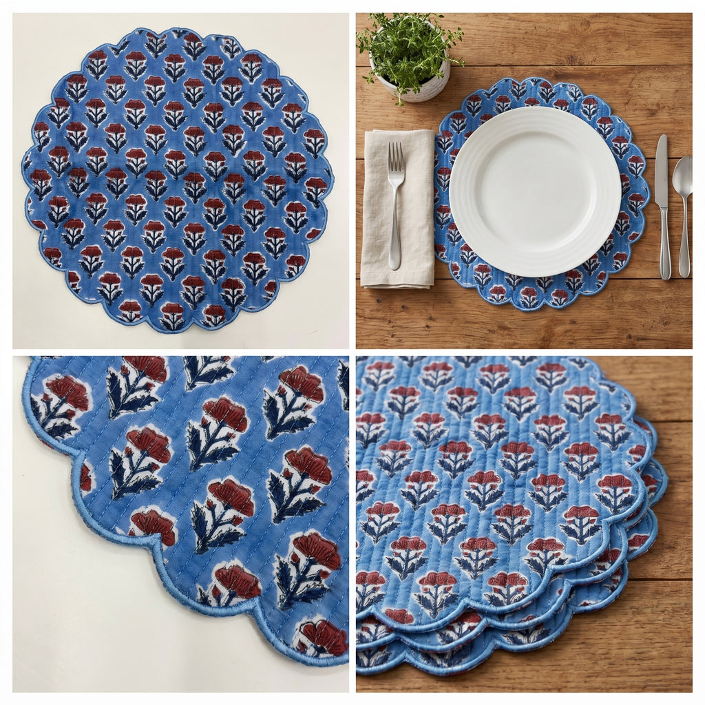 Sky Blue Floral Quilted Placemats – 14” x 14”