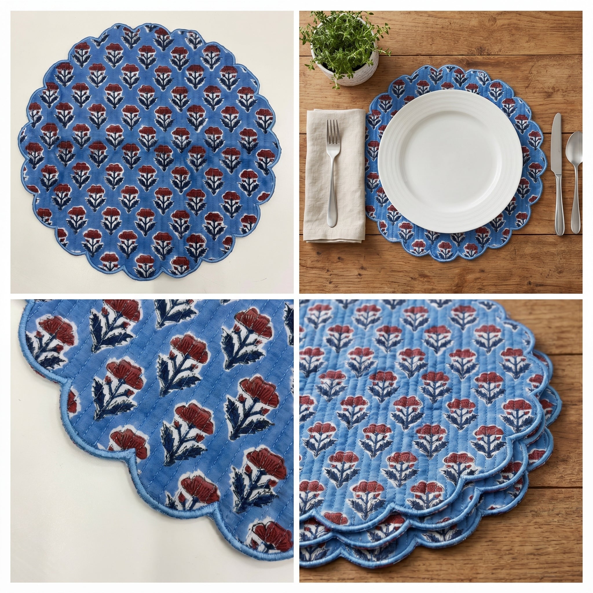 Sky Blue Floral Quilted Placemats – 14” x 14”