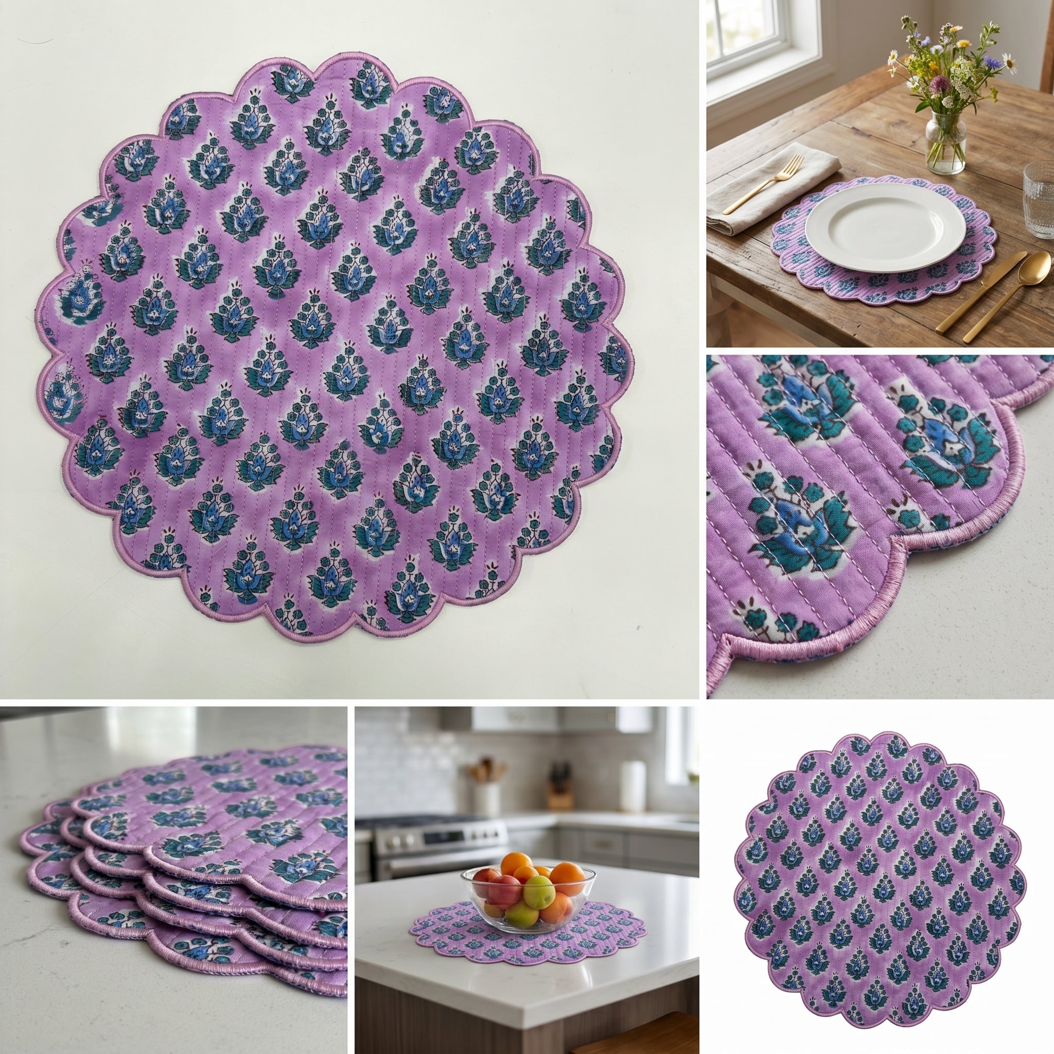 Lavender Floral Quilted Placemats – 14” x 14”