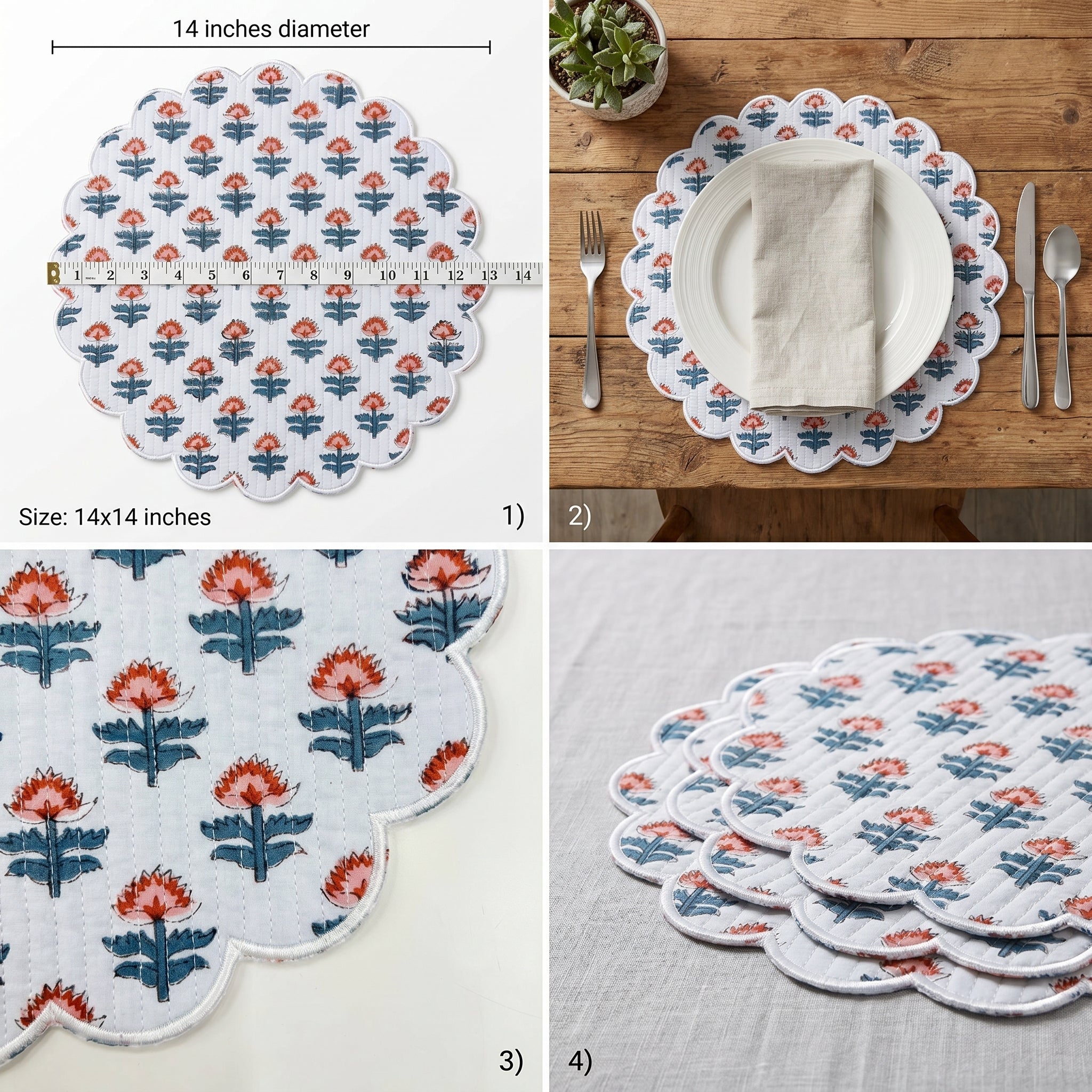 Ivory Floral Quilted Placemats – 14” x 14”
