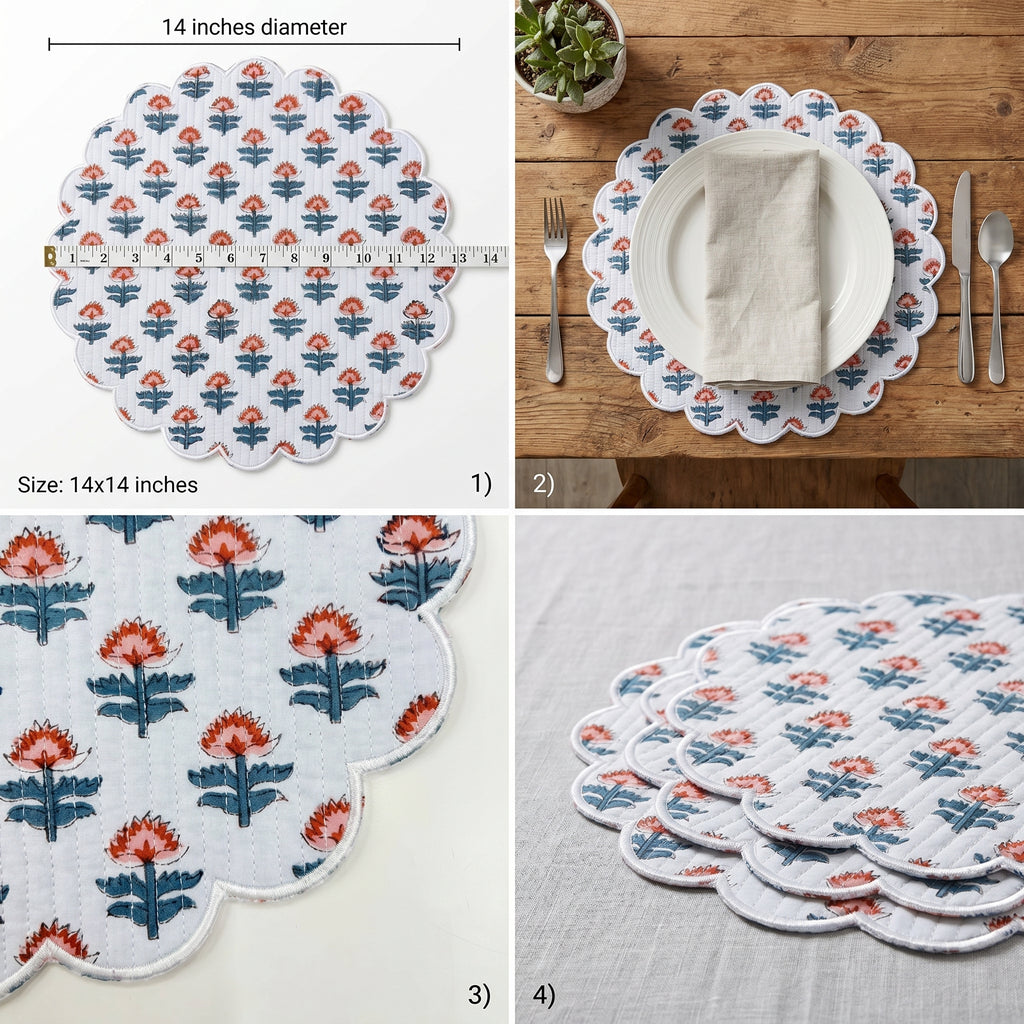 Ivory Floral Quilted Placemats – 14” x 14”