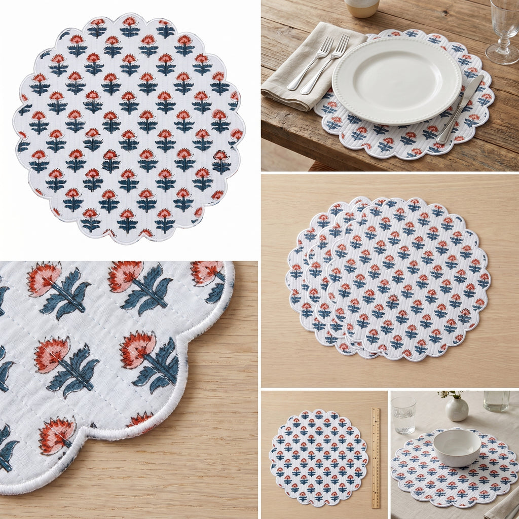Ivory Floral Quilted Placemats – 14” x 14”