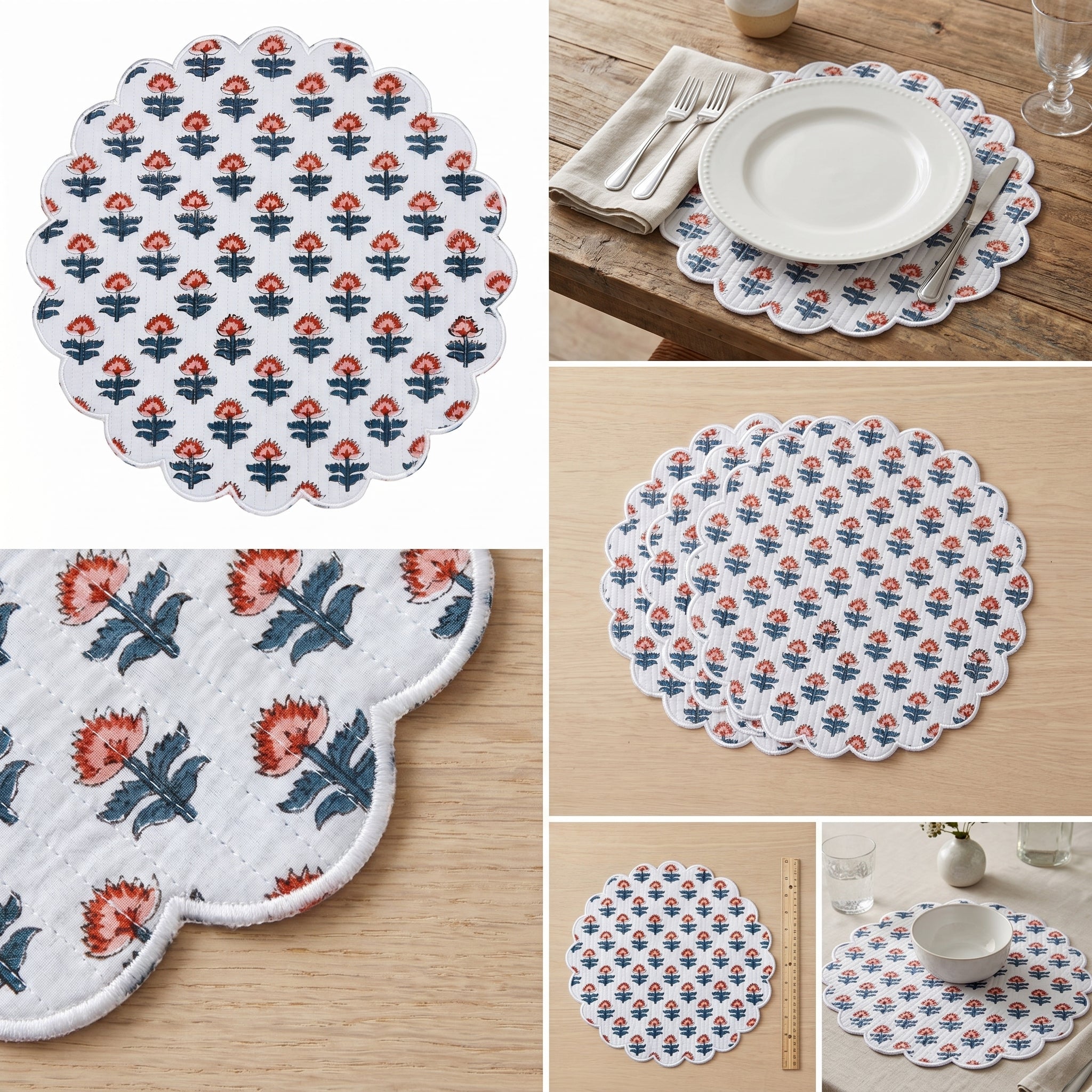 Ivory Floral Quilted Placemats – 14” x 14”