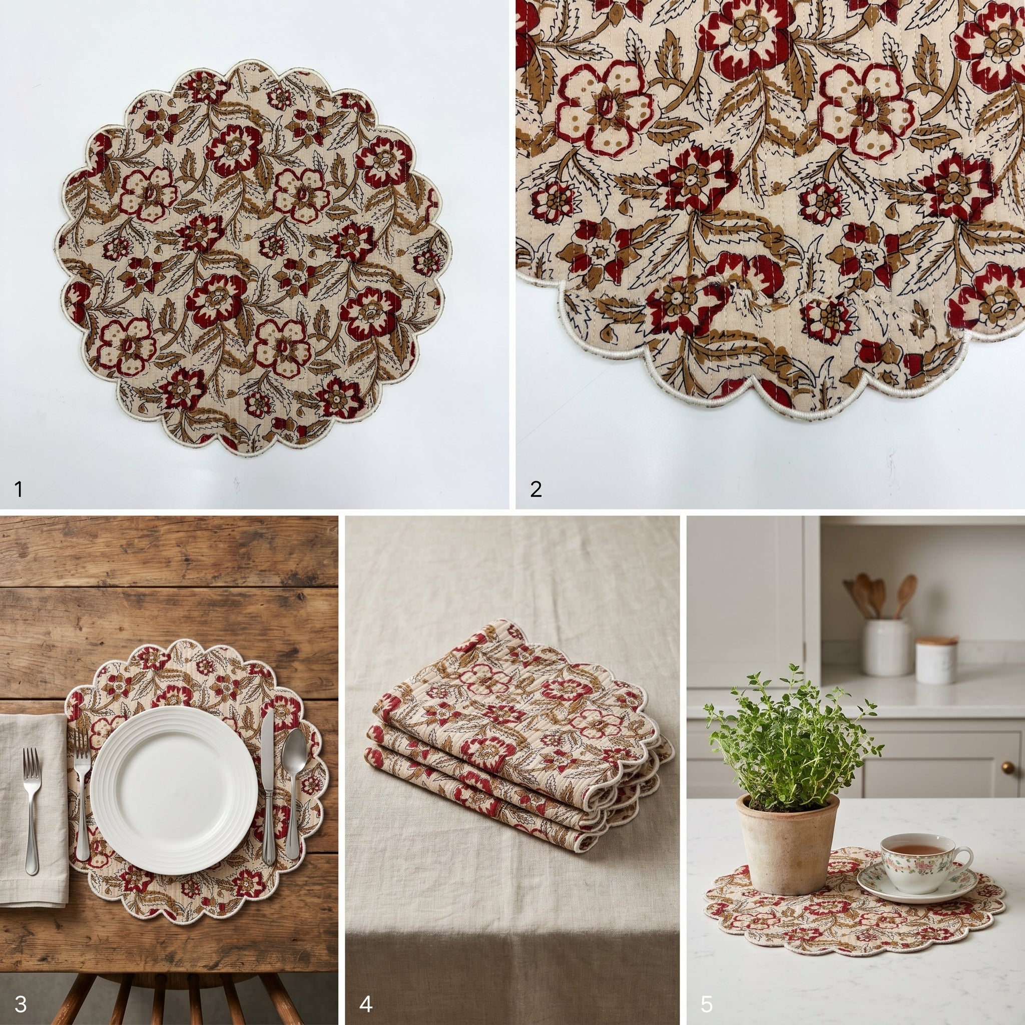 Classic Floral Quilted Placemats – 14” x 14”