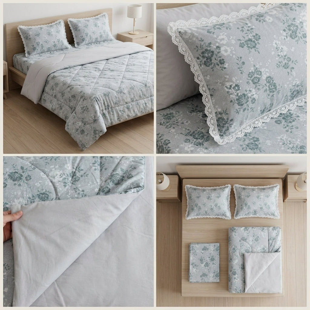 4 Pcs King Size Comforter Set with Lace Pillow Covers – Floral Print