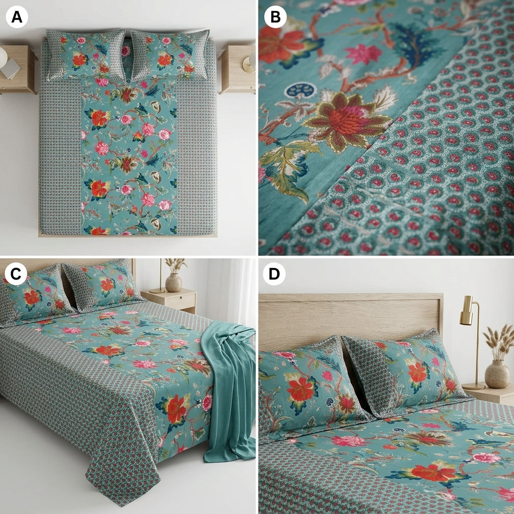 Ajrakh Pure Cotton King Size Bedsheet Set (108 x 108 Inches)