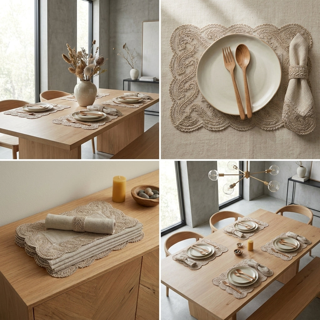 Luxury Embroidered Linen Table Mats – Set of 6 Product Code:- 55B100RKEH