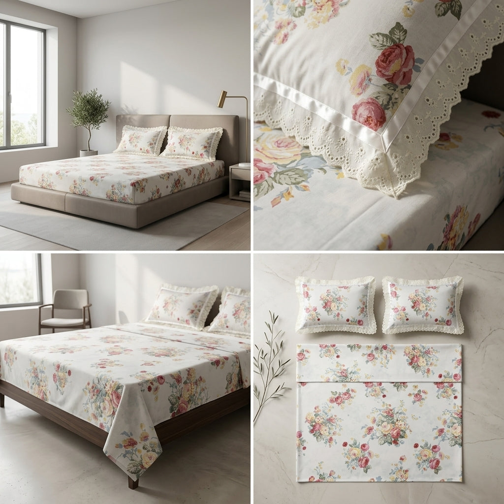 Floral King Size Bedsheet with Designer Lace Pillow Covers (108 x 108 Inches) Product Code:- 55B1099001250KEH