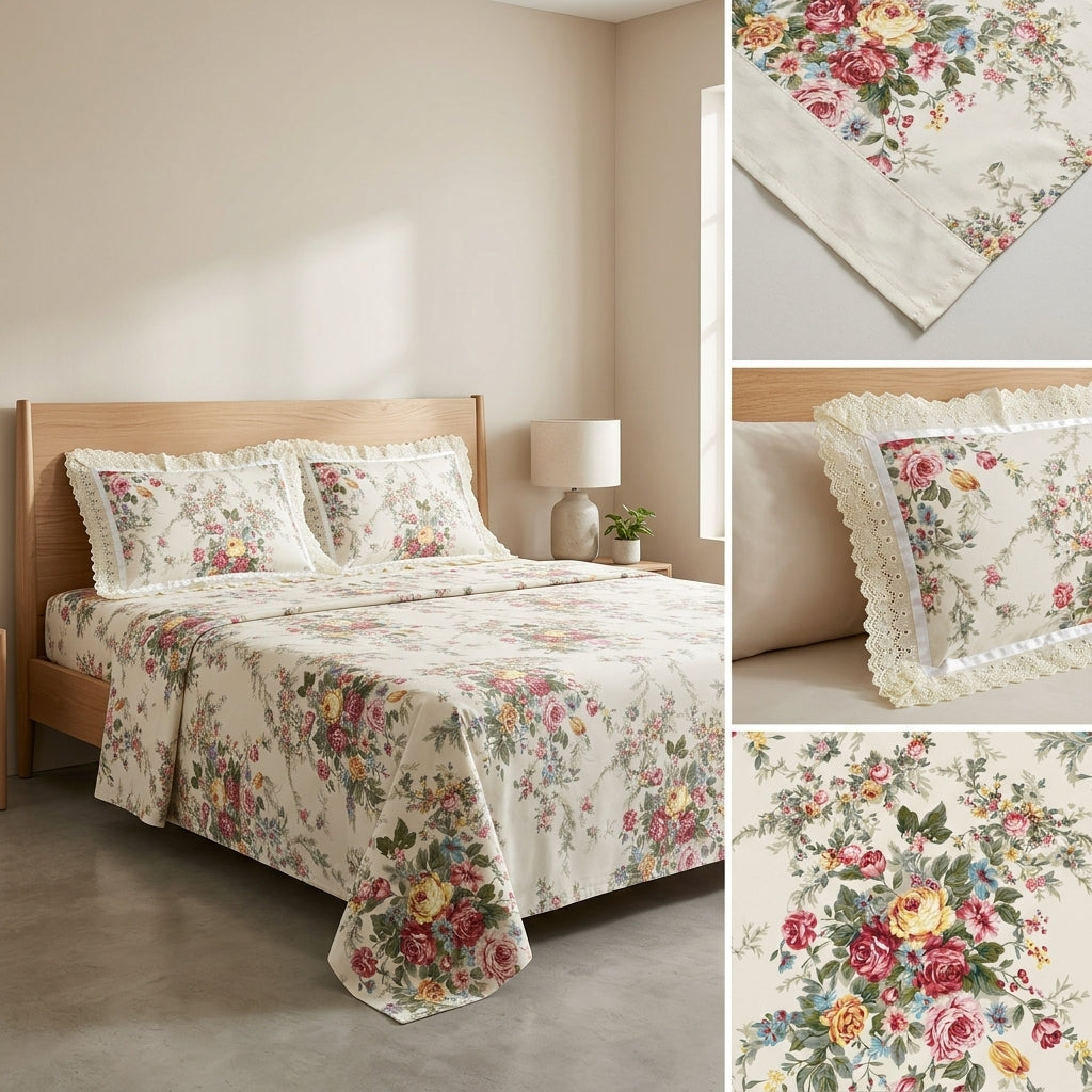 Floral King Size Bedsheet with Designer Lace Pillow Covers (108 x 108 Inches) Product Code:- 55B1099001250KEH