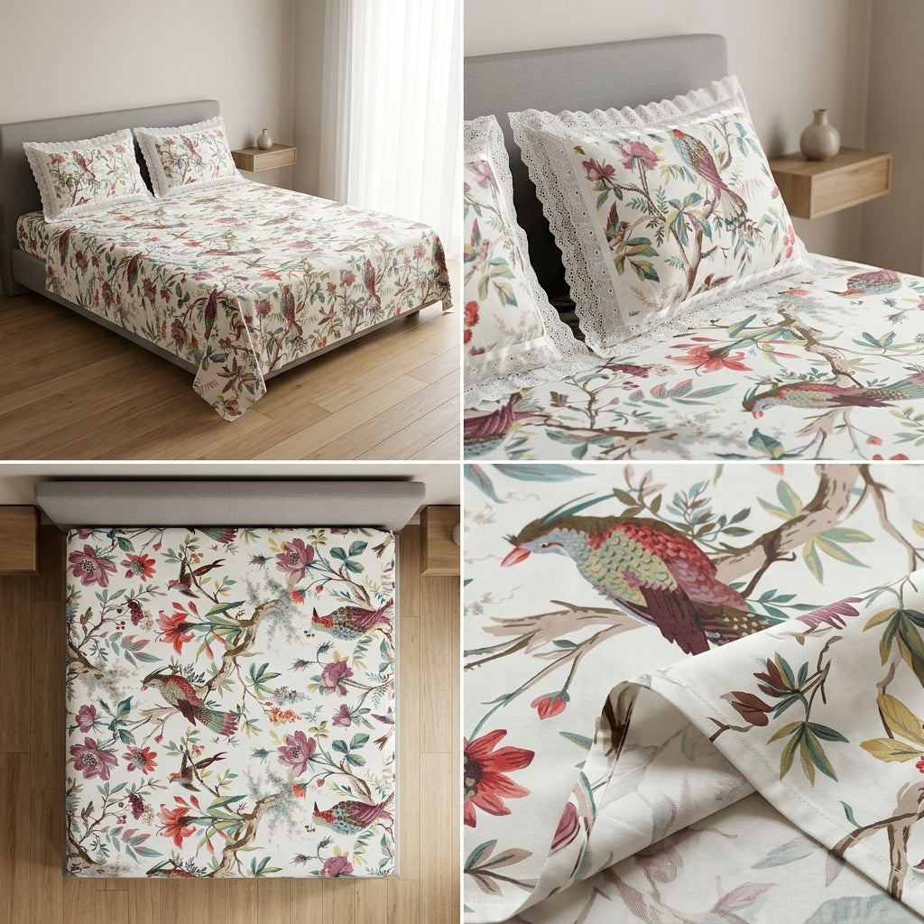 Floral King Size Bedsheet with Designer Lace Pillow Covers (108 x 108 Inches) Product Code:- 55B1099001250KEH