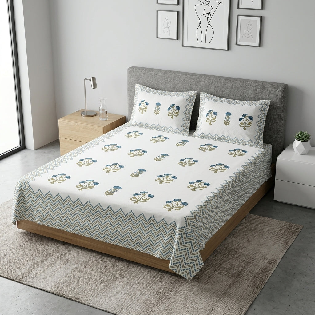 Block Print Bedsheet Set (108 x 108 inches) with 2 Pillow Covers Product Code :- 55B106RKEH