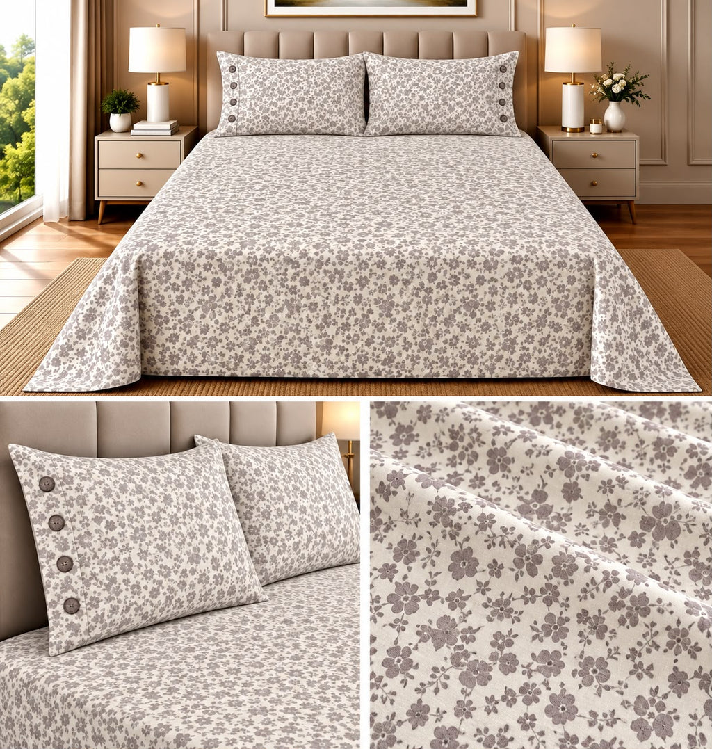 English Floral Cotton Bedsheet with 3-Button Pillow Covers – 2.5m × 2.7m