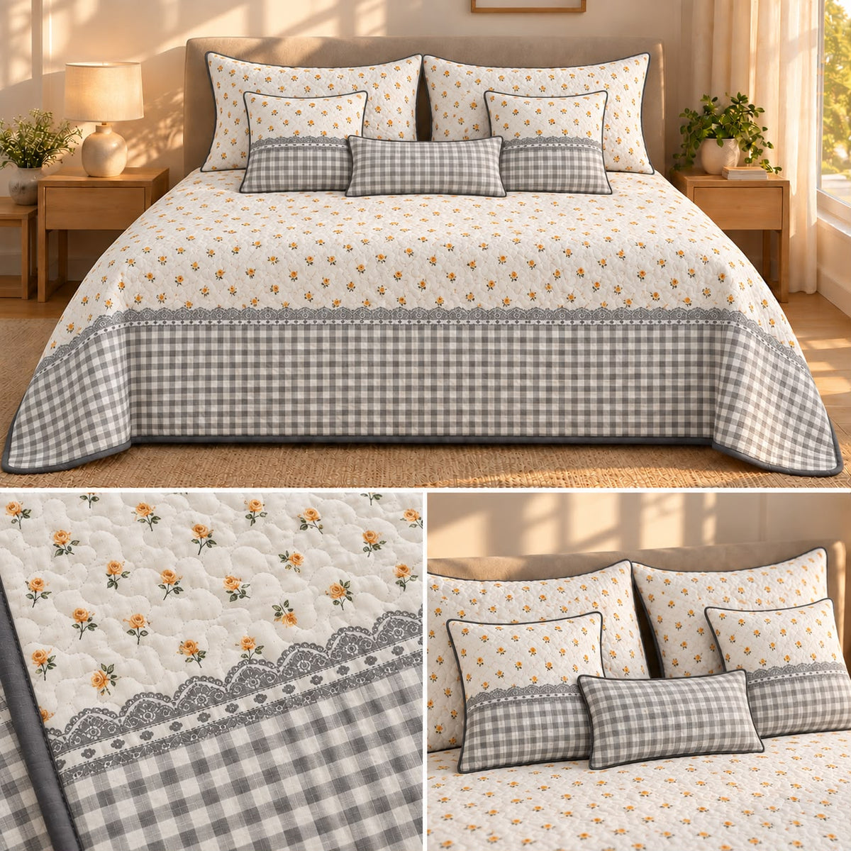 English Cottage Rose Luxury 9Pcs Quilted Bedcover Set – Floral & Gingham Collection