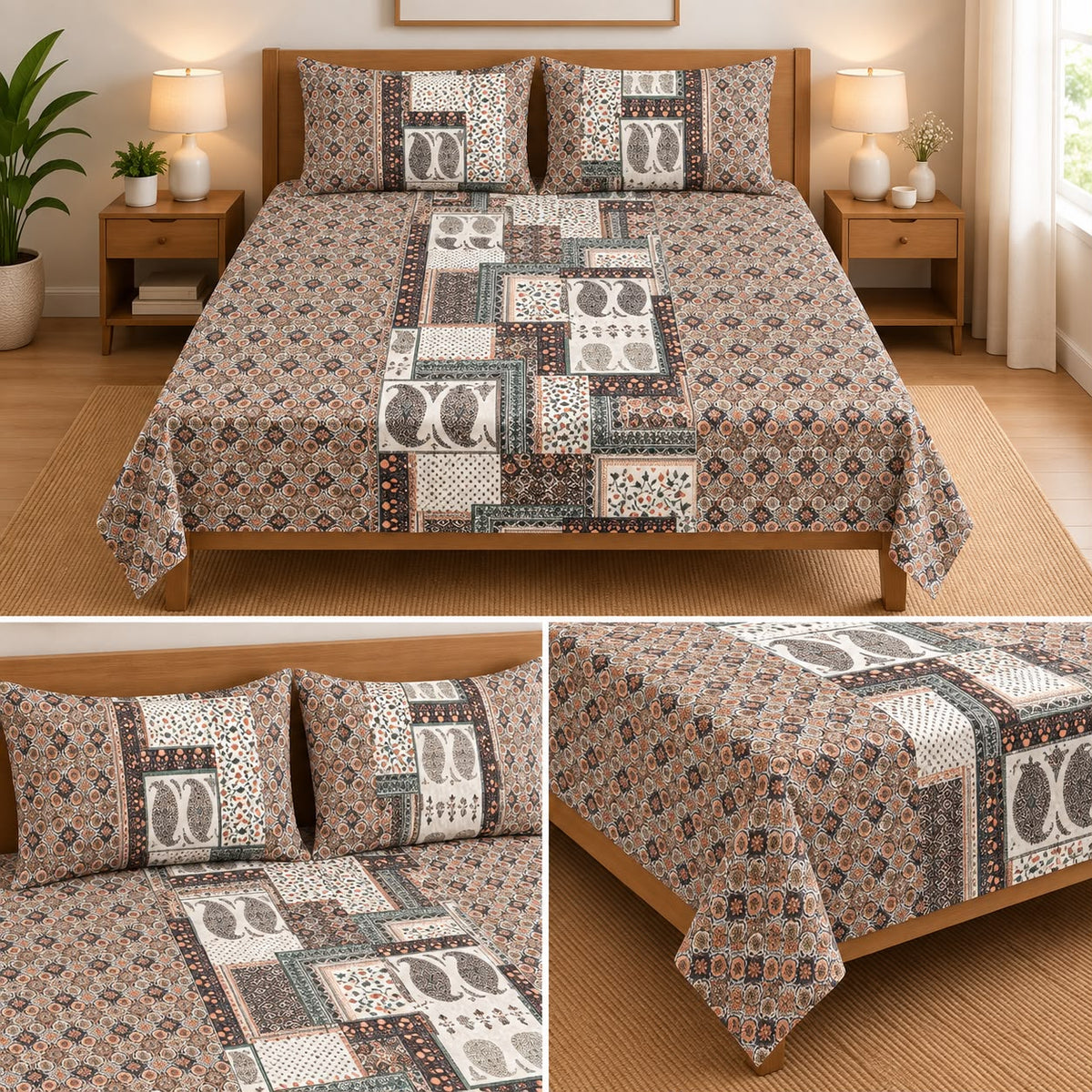 Jumbo Calcutta Phulkari Designs King Size Bedsheet Set (120 x 120 Inches) Product Code :- 55B145RKEH