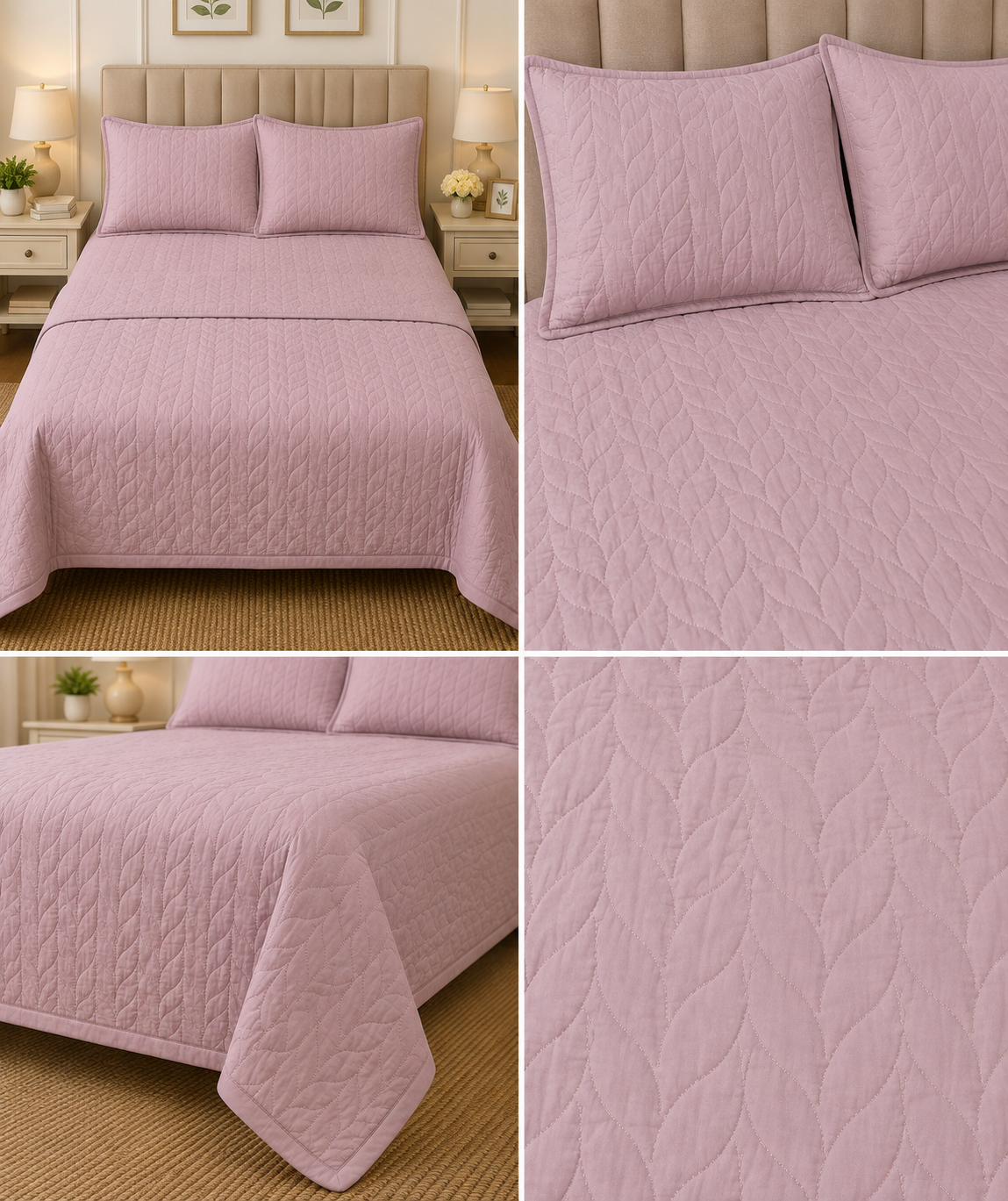 Plain King Size Quilted Bedcover with 2 Matching Pillow Covers – Elegant Leaf Stitch Design | Product Code :- 55B145RKEH