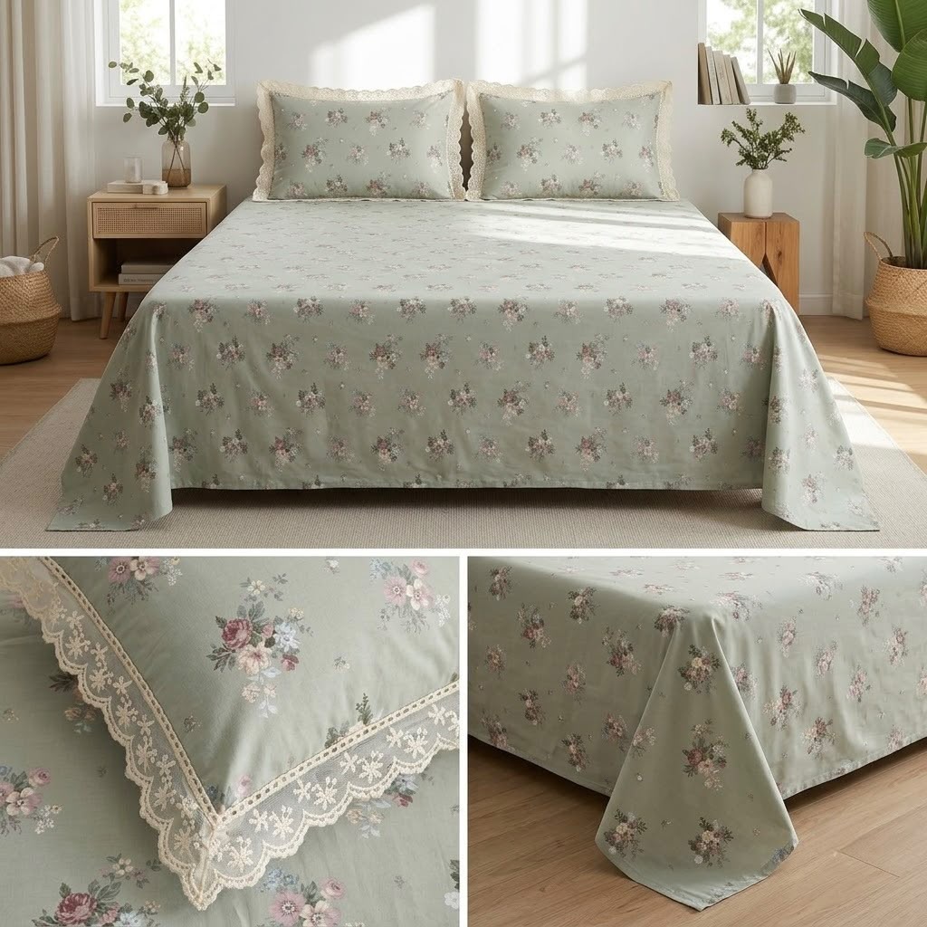 Premium 300 TC Pure Cotton Bedsheet Set with Designer Lace Pillow Covers – King Size 108 x 108 Inch