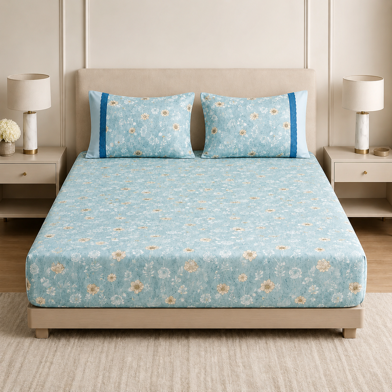 Fitted Bedsheet Pure Cotton with 2 Pillow Covers - 108 by 108 inch Product Code :- 55B105RKEH