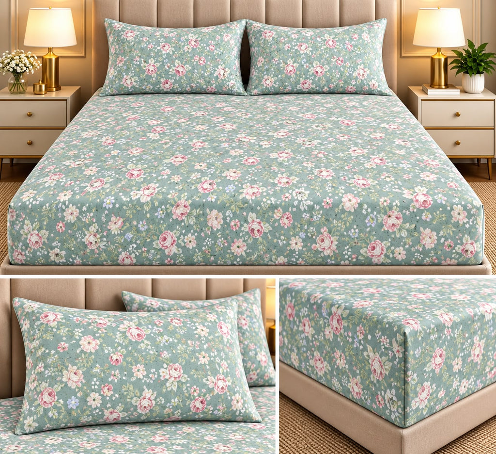 Elegance 100% Cotton King Size Fitted Bedsheet Set – 3 Pcs