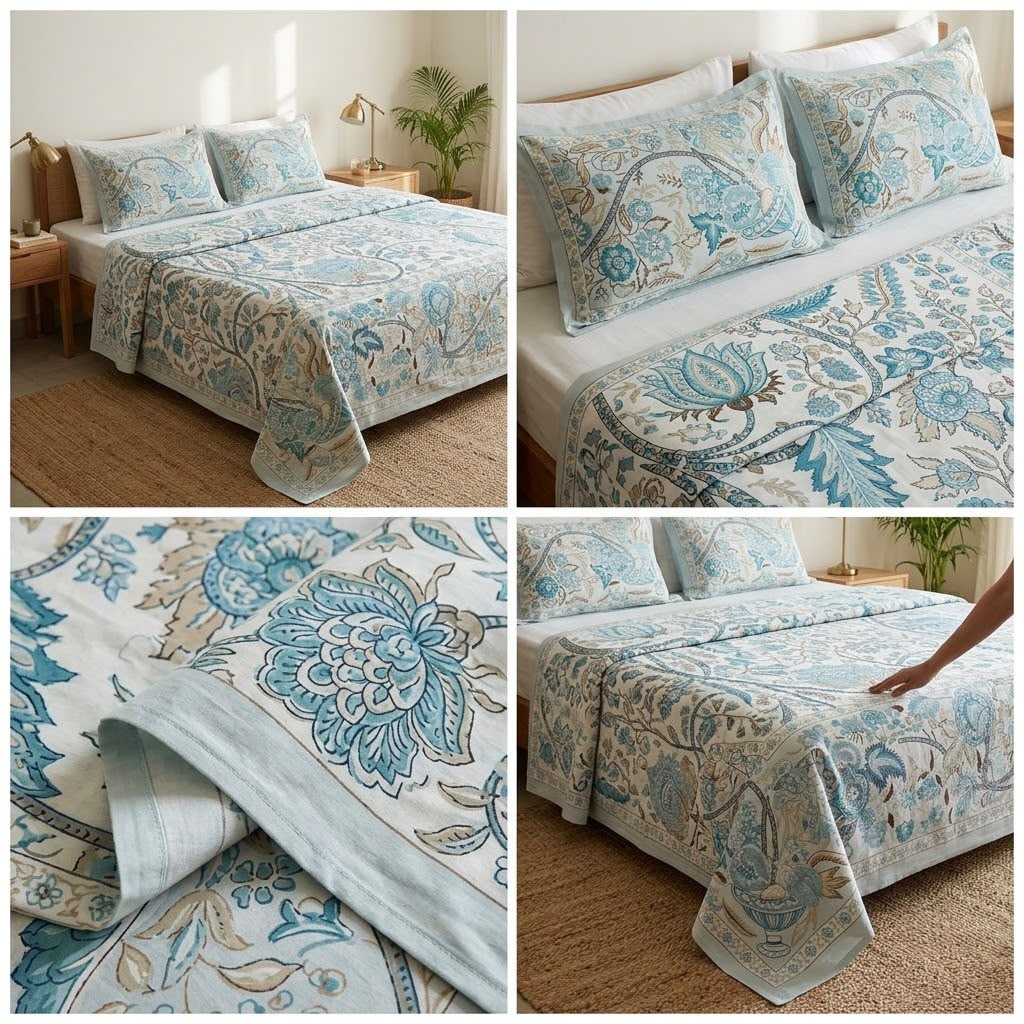 Aqua Heritage Floral 4-Piece King Size Bedcover Set – Quilted Bedcover, Bedsheet & 2 Pillow Covers