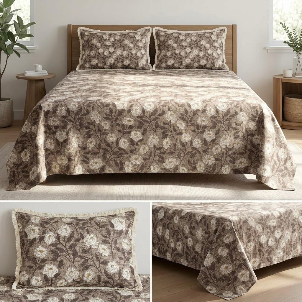 Designer Cotton Bedsheet Set with Elegant Tassel Fringe Pillow Covers – King Size (3 Pcs)