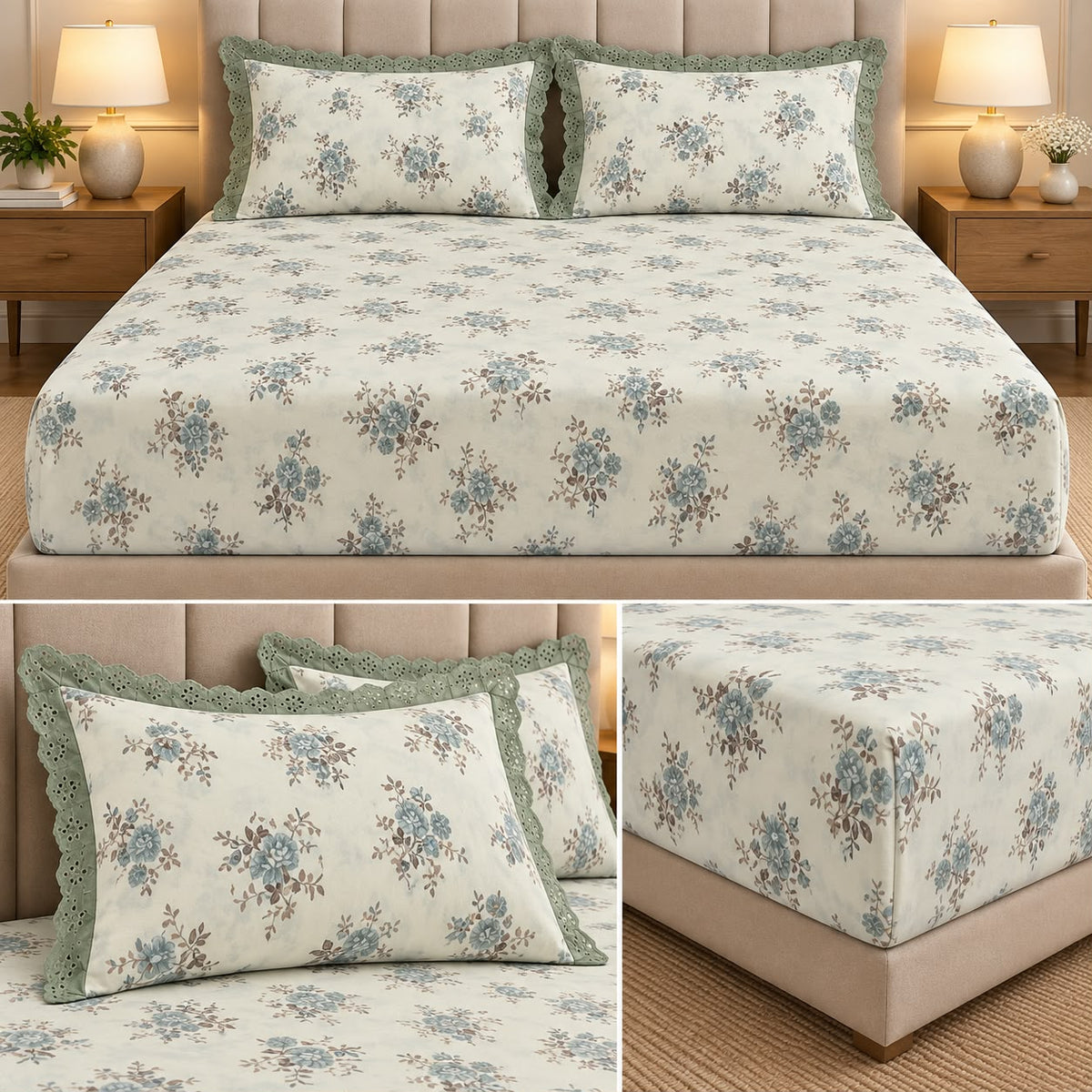 Vintage Bloom Fitted Bedsheet Set with Lace Pillow Covers – King Size 3 Pcs