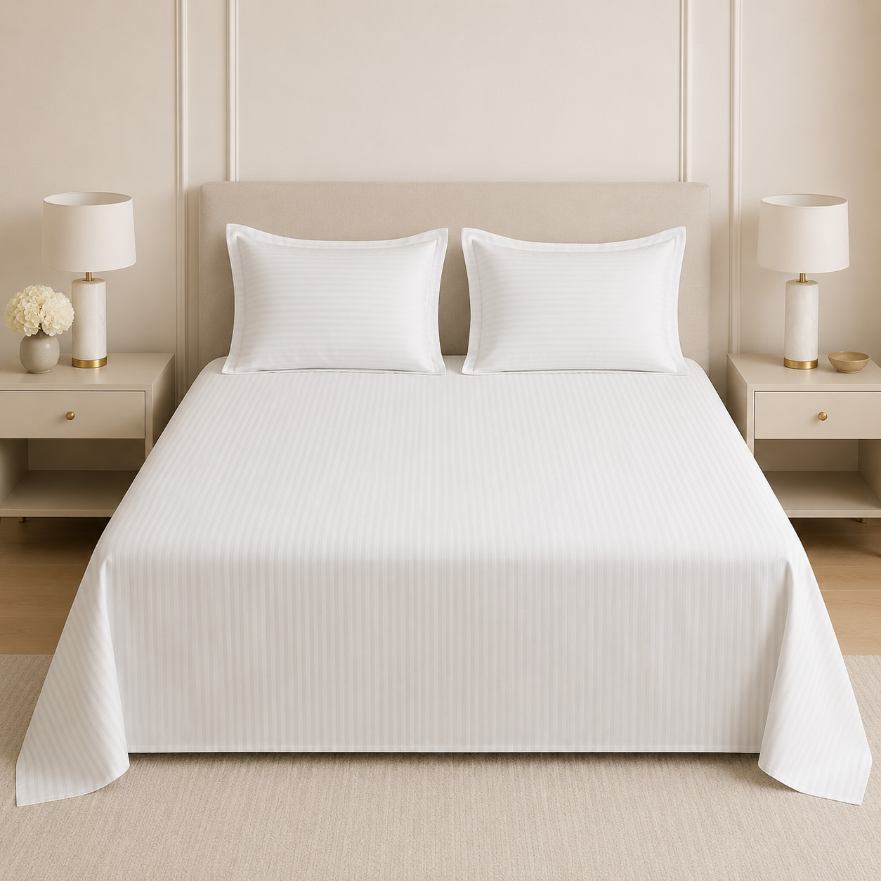 Pure White Stripe Cotton Bedsheet with 2 Pillow Covers - 108 / 108 Inch Product Code :- 55B48RKEH