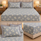Vintage Bloom Fitted Bedsheet Set with Lace Pillow Covers – King Size 3 Pcs