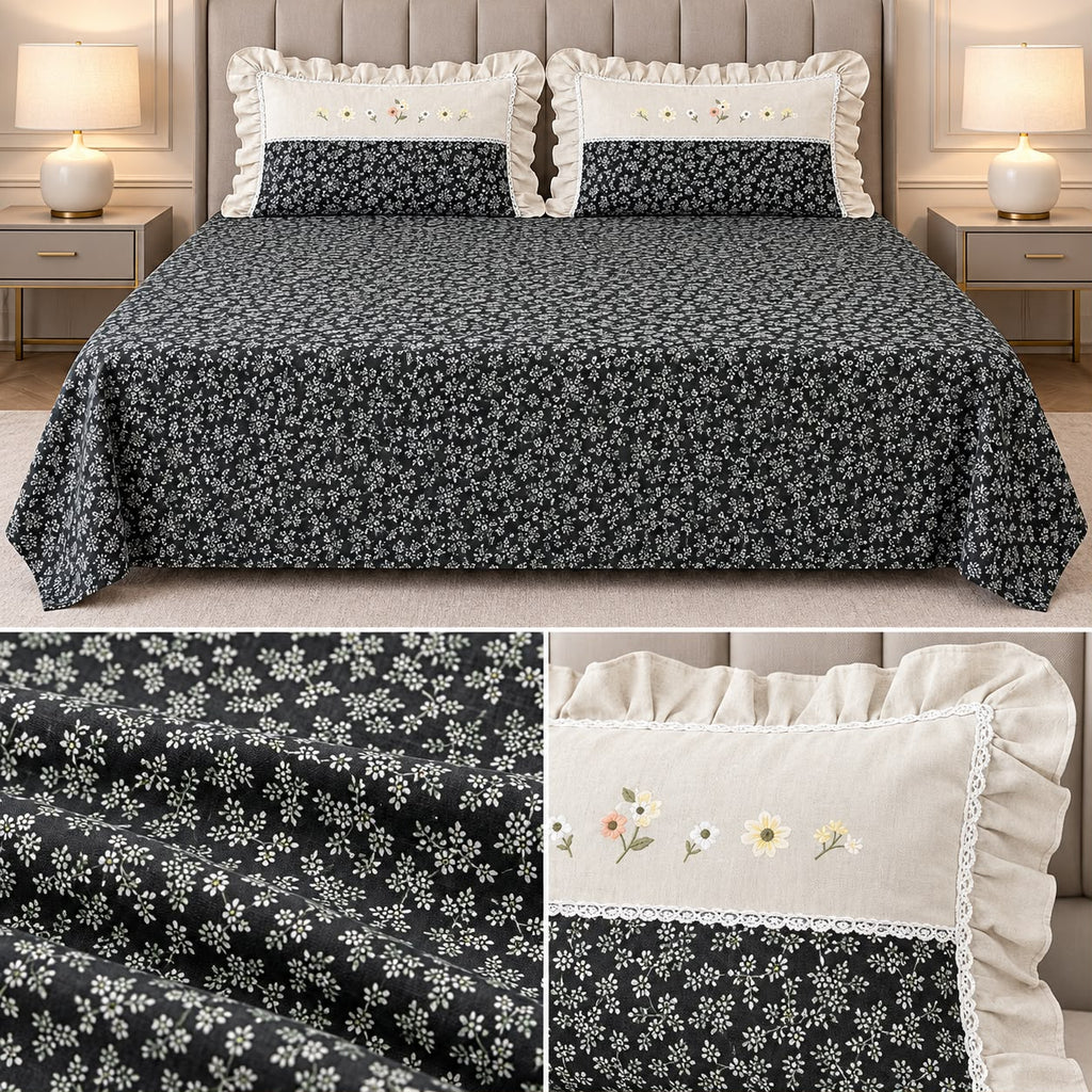 Blush Meadow Luxury Linen Bedsheet Set with Floral Embroidery & Lace Pillow Covers – King Size 3 Pcs