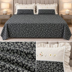 Blush Meadow Luxury Linen Bedsheet Set with Floral Embroidery & Lace Pillow Covers – King Size 3 Pcs