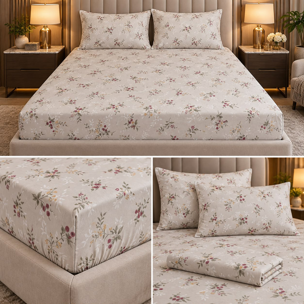 English Meadow 100% Cotton King Fitted Bedsheet – 3 Pcs Set