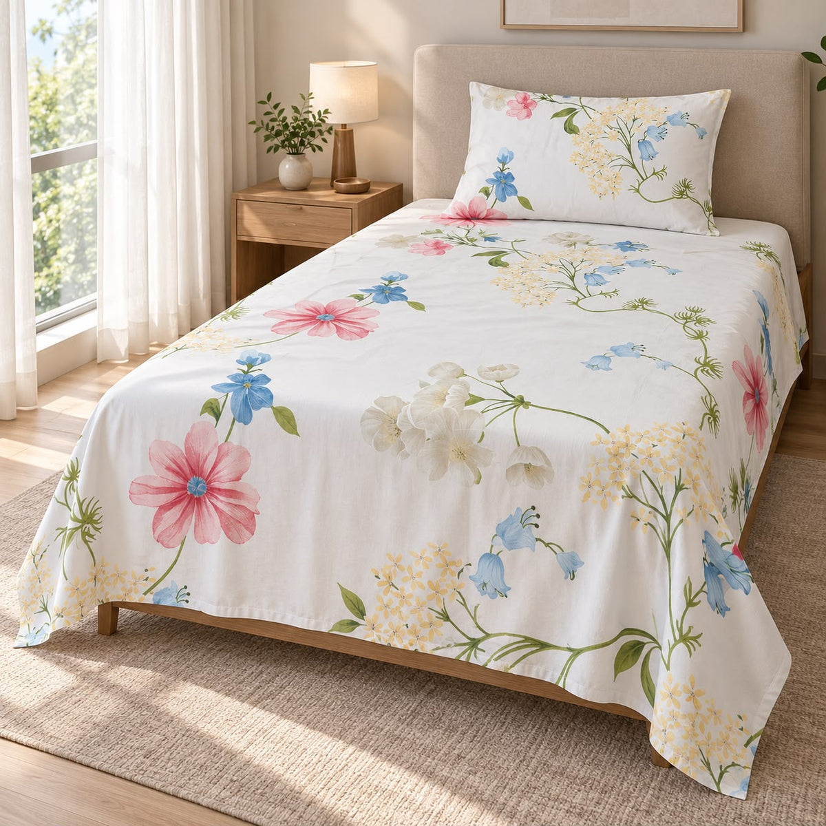Printed Single Bedsheet Set – 2 Pcs (1 Bedsheet + 1 Pillow Cover) 100 % Pure Cotton