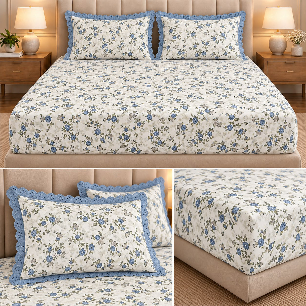 Vintage Bloom Fitted Bedsheet Set with Lace Pillow Covers – King Size 3 Pcs