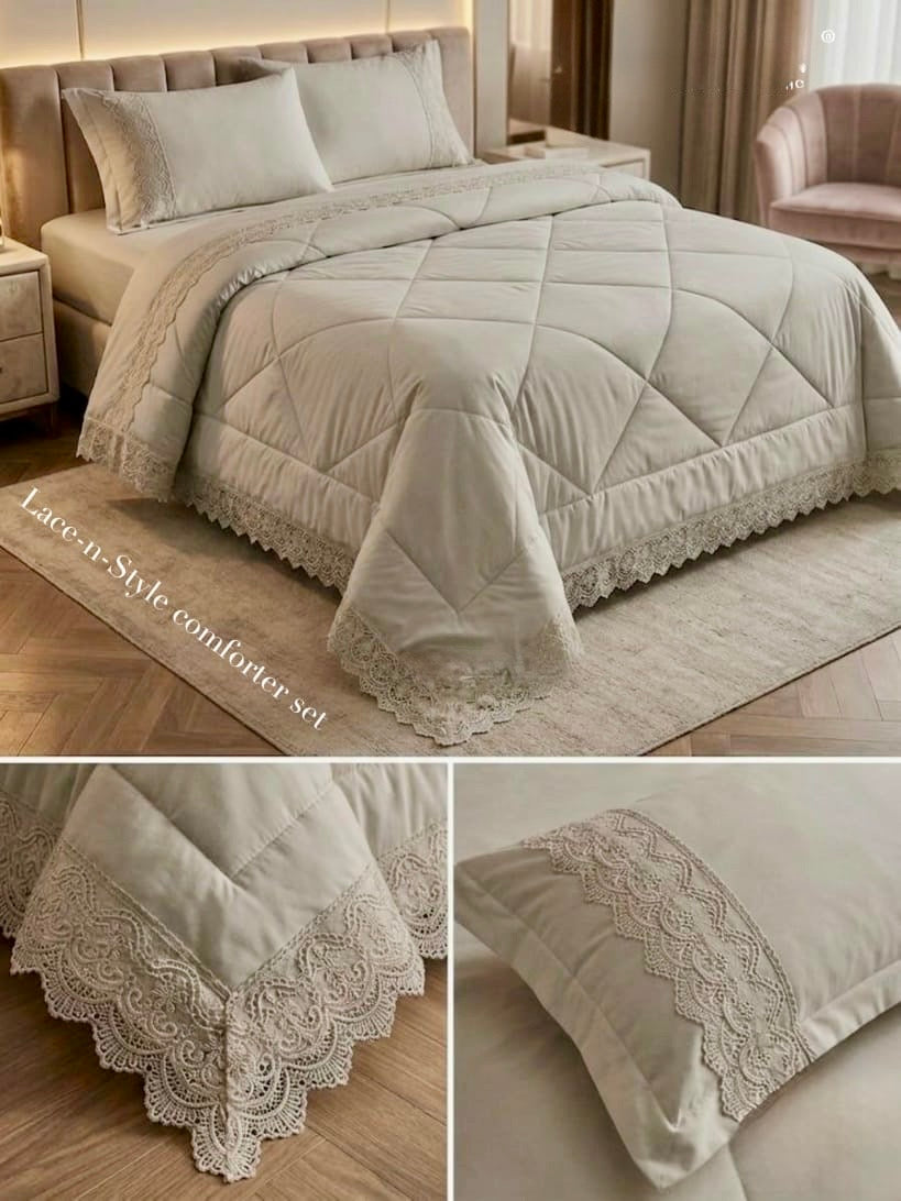 4-Piece Luxury AC Comforter Set with Lace Detailing – King Size