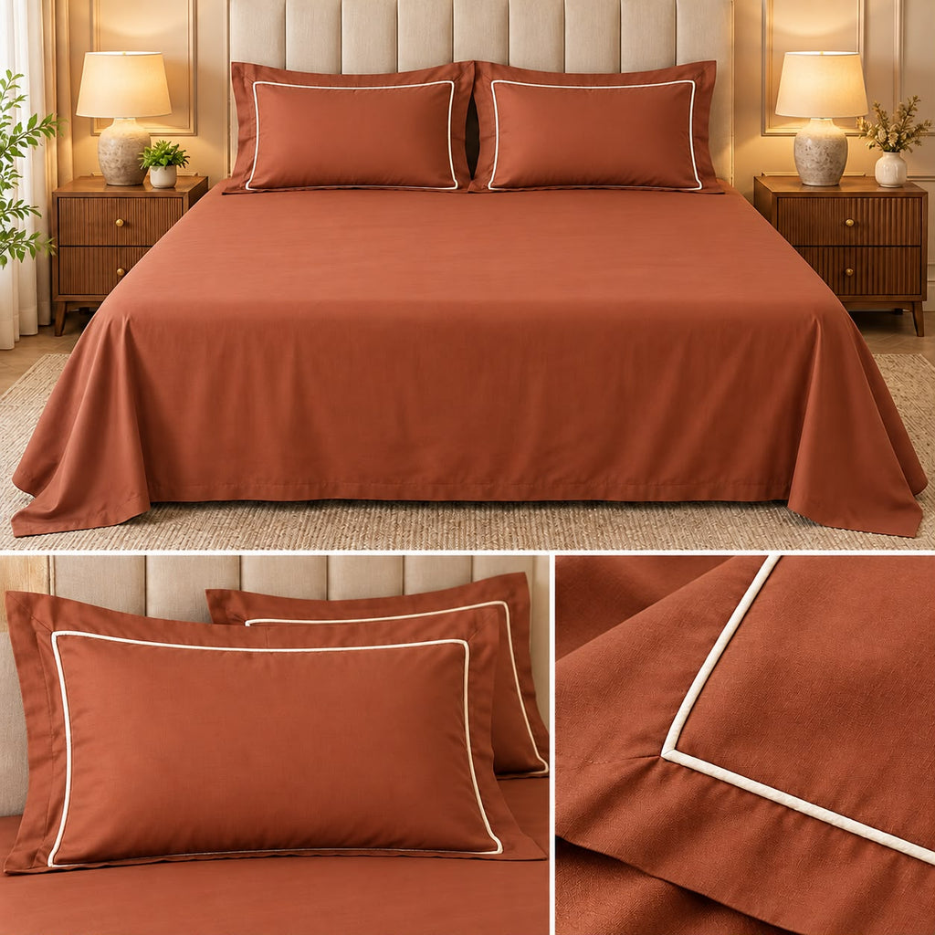 Egyptian Pure Cotton Plain Bedsheet Set with Designer Piping Pillow Covers – 108 x 108 Inch
