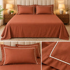 Egyptian Pure Cotton Plain Bedsheet Set with Designer Piping Pillow Covers – 108 x 108 Inch
