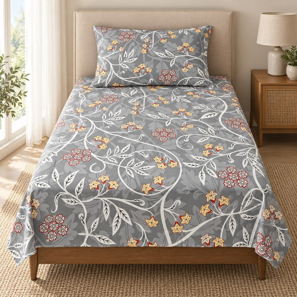 Printed Single Bedsheet Set – 2 Pcs (1 Bedsheet + 1 Pillow Cover) 100 % Pure Cotton