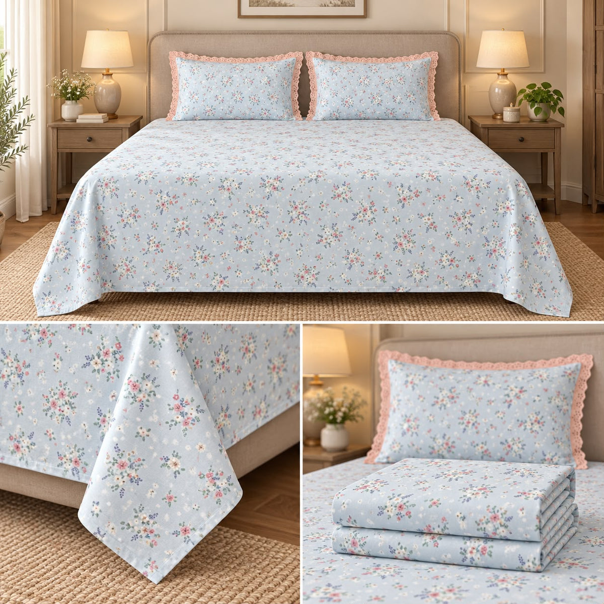 English Floral Print King Size Bedsheet with Lace Pillow Covers – 3 Pcs Set