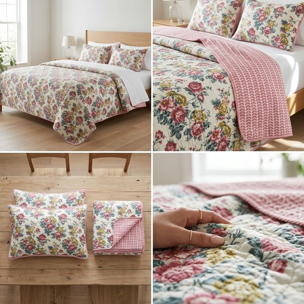 English Garden Floral Quilted Bedcover – 3 Piece Set with Matching Pillow Covers (Copy)
