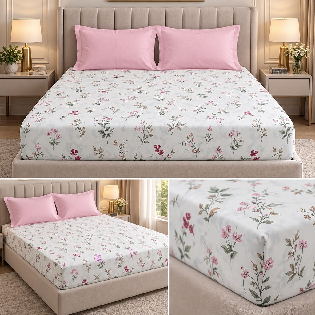 Wildflower Whisper 100% Pure Cotton Fitted Bedsheet Set